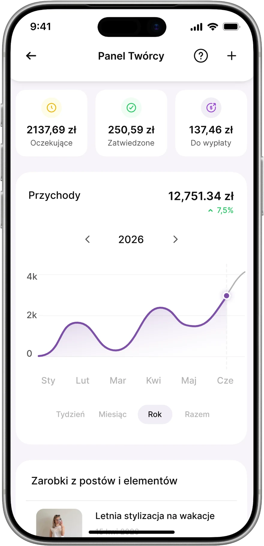 Panel Twórcy w aplikacji Insply z podsumowaniem prowizji