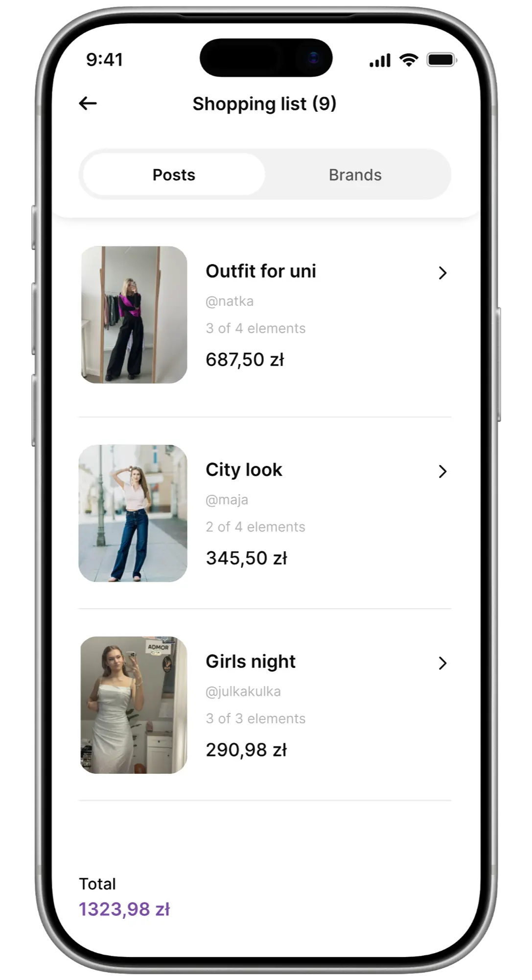 Shopping list of products from outfits in the Insply app