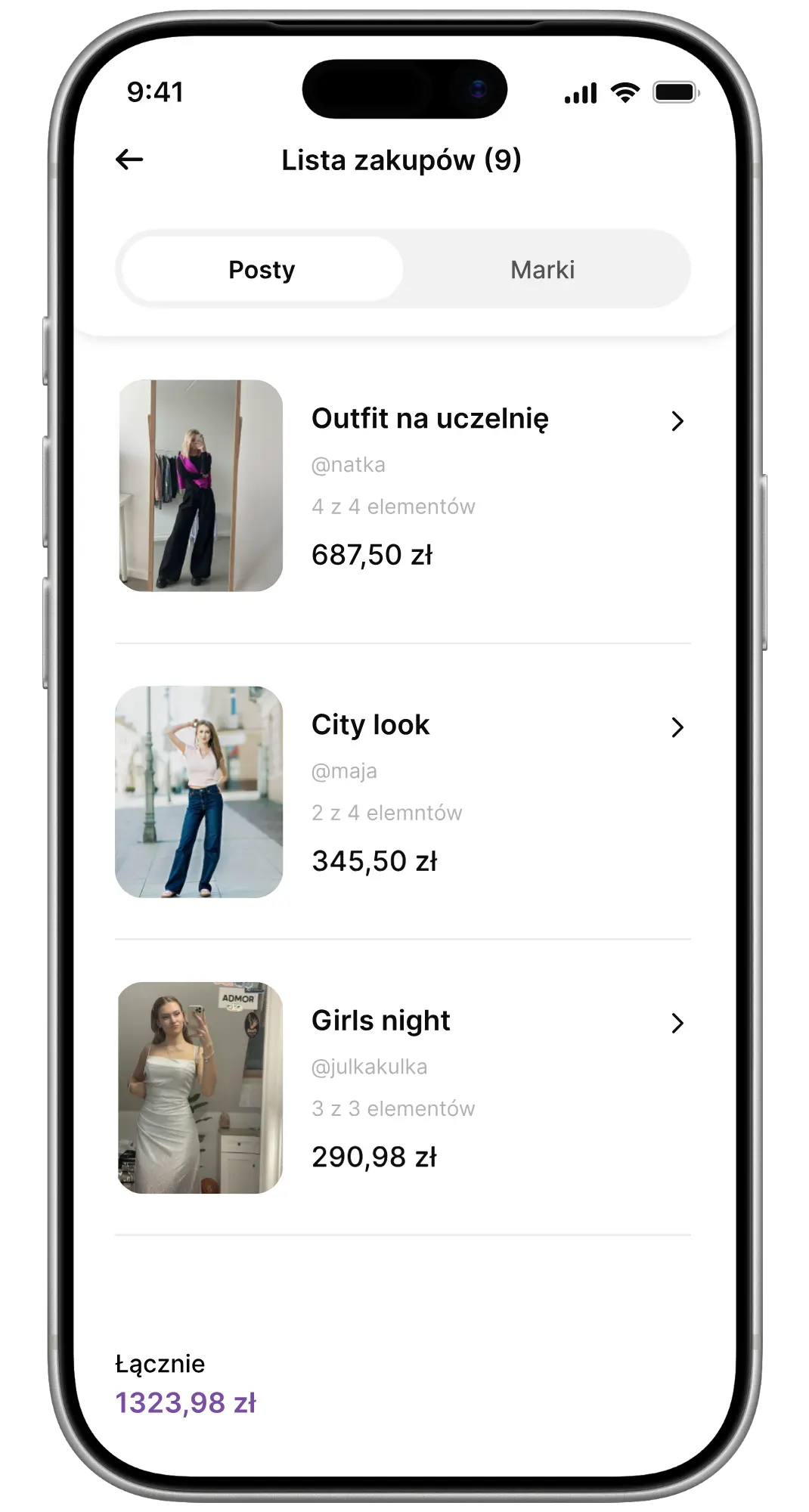 Lista zakupów z produktami ze stylizacji w aplikacji Insply